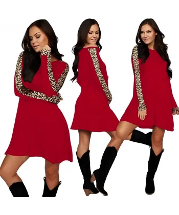 Kadın Uzun Kollu Bisiklet Yaka Kollar Leopar Detay Iki Iplik Mini Boy Elbise