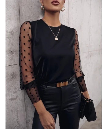 Kadın Uzun Kollu Bisiklet Yaka Kollar Puantiyeli Tül Detaylı Sandy Bluz