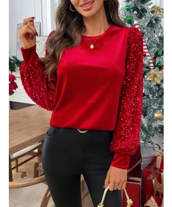 Kadın Uzun Kollu Bisiklet Yaka Kollar Pulpayet Kadife Bluz