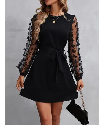 Kadın Uzun Kollu Bisiklet Yaka Kollar Tül Kelebek Detaylı Ithal Krep Elbise