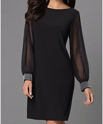 Kadın Uzun Kollu Bisiklet Yaka Kollar Tül Manşet Taş Işlemeli Krep Elbise