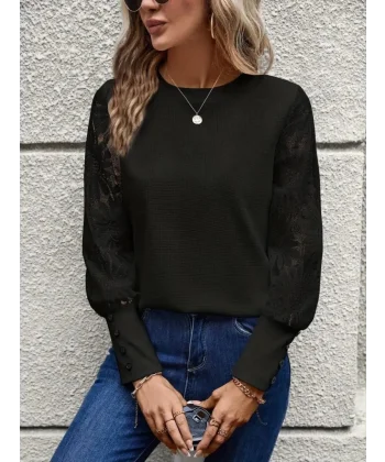Kadın Uzun Kollu Bisiklet Yaka Kolları çiçekli Waffle Bluz