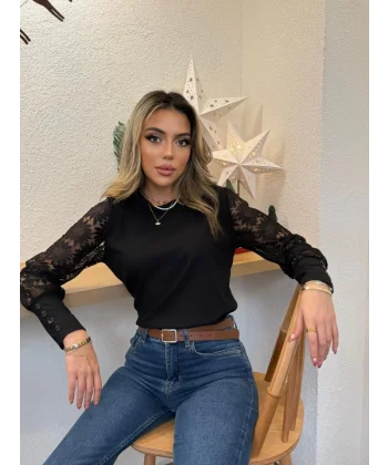 Kadın Uzun Kollu Bisiklet Yaka Kolları çiçekli Waffle Bluz