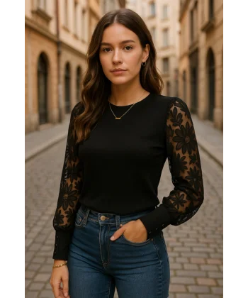 Kadın Uzun Kollu Bisiklet Yaka Kolları çiçekli Waffle Bluz