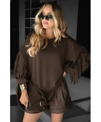 Kadın Uzun Kollu Bisiklet Yaka Kolları Püsküllü Modal Bluz