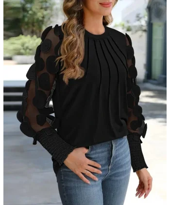 Kadın Uzun Kollu Bisiklet Yaka Kolları Tül Detaylı Nervürlü Ithal Krep Bluz