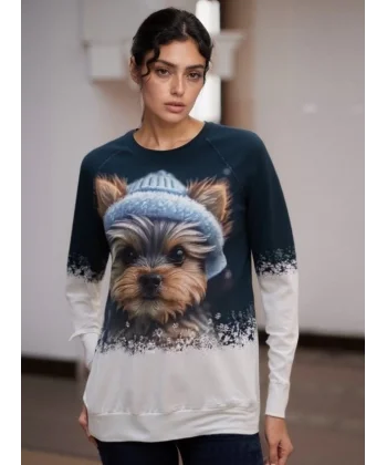 Kadın Uzun Kollu Bisiklet Yaka Köpek Baskılı şardonlu Dalgıç Bluz