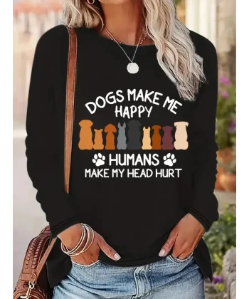 Kadın Uzun Kollu Bisiklet Yaka Köpek Resimli Viskon Bluz