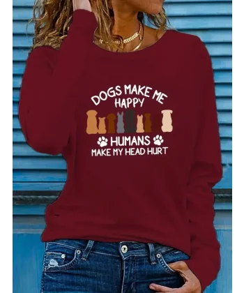 Kadın Uzun Kollu Bisiklet Yaka Köpek Resimli Viskon Bluz