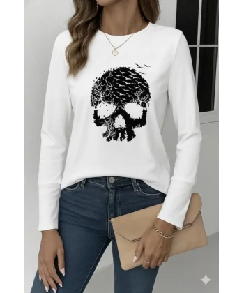 Kadın Uzun Kollu Bisiklet Yaka Kurukafa Desenli Viskon Bluz