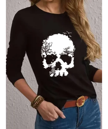 Kadın Uzun Kollu Bisiklet Yaka Kurukafa Desenli Viskon Bluz