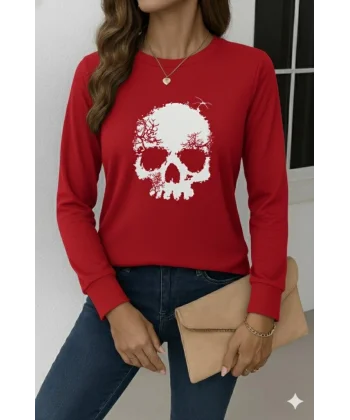 Kadın Uzun Kollu Bisiklet Yaka Kurukafa Desenli Viskon Bluz