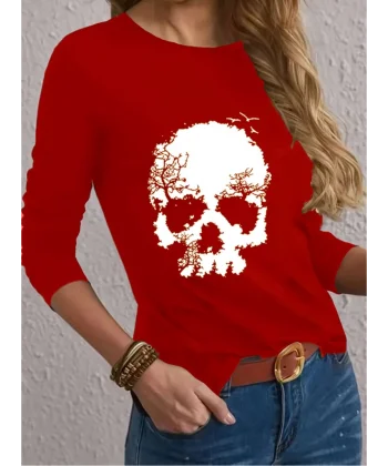 Kadın Uzun Kollu Bisiklet Yaka Kurukafa Desenli Viskon Bluz