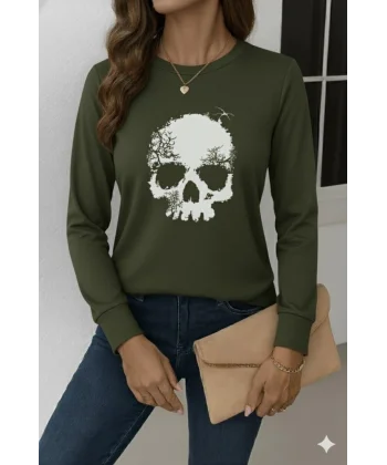 Kadın Uzun Kollu Bisiklet Yaka Kurukafa Desenli Viskon Bluz