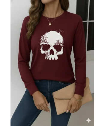 Kadın Uzun Kollu Bisiklet Yaka Kurukafa Desenli Viskon Bluz