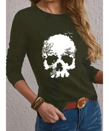 Kadın Uzun Kollu Bisiklet Yaka Kurukafa Desenli Viskon Bluz