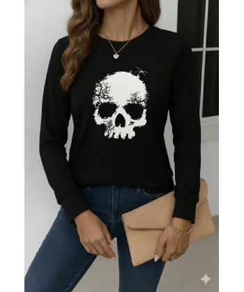 Kadın Uzun Kollu Bisiklet Yaka Kurukafa Desenli Viskon Bluz