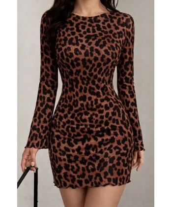 Kadın Uzun Kollu Bisiklet Yaka Leopar Desenli Dalgıç Mini Elbise