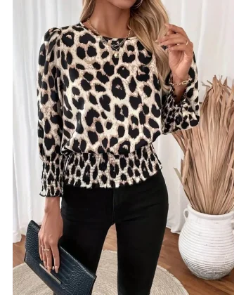 Kadın Uzun Kollu Bisiklet Yaka Leopar Desenli Modal Bluz