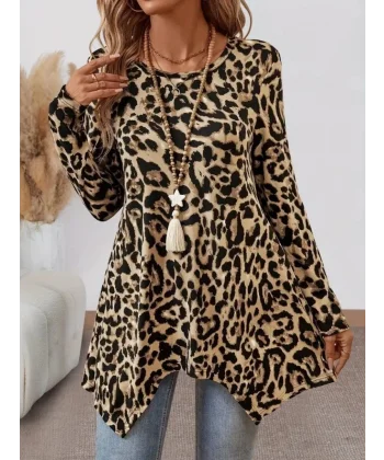 Kadın Uzun Kollu Bisiklet Yaka Leopar Desenli Süprem Bluz