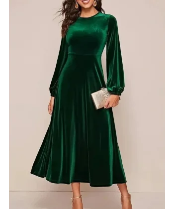 Kadın Uzun Kollu Bisiklet Yaka Midi Kadife Elbise
