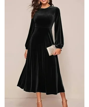 Kadın Uzun Kollu Bisiklet Yaka Midi Kadife Elbise