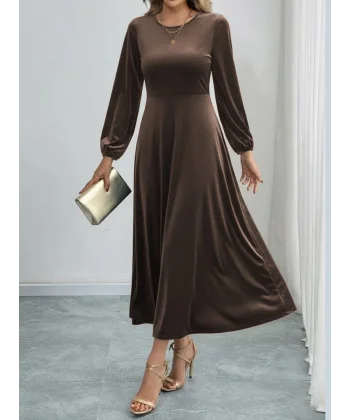 Kadın Uzun Kollu Bisiklet Yaka Midi Kadife Elbise