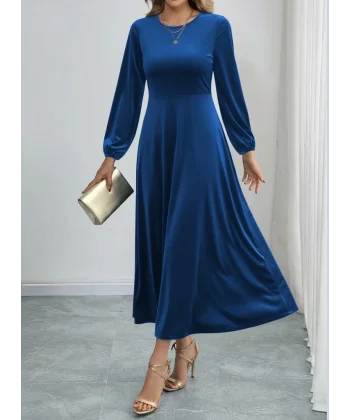 Kadın Uzun Kollu Bisiklet Yaka Midi Kadife Mavi Elbise