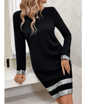 Kadın Uzun Kollu Bisiklet Yaka Mini Ithal Krep Elbise