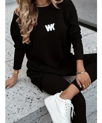 Kadın Uzun Kollu Bisiklet Yaka Nervurlu Viskon Iki Iplik Ve Tayt Pantolon Ikili Takım