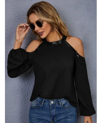 Kadın Uzun Kollu Bisiklet Yaka Omuz Açık Detaylı Krep Bluz