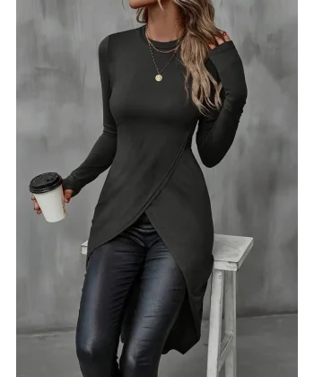 Kadın Uzun Kollu Bisiklet Yaka önden çapraz Kesim Detay Midi Viskon Bluz