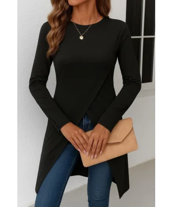 Kadın Uzun Kollu Bisiklet Yaka önden çapraz Kesim Detay Midi Viskon Bluz