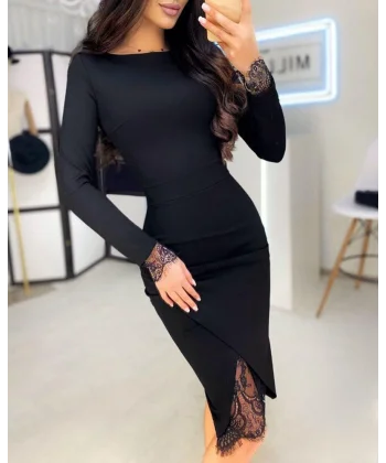 Kadın Uzun Kollu Bisiklet Yaka önden Dantel Ve Yırtmaç Detaylı Dalgıç Elbise