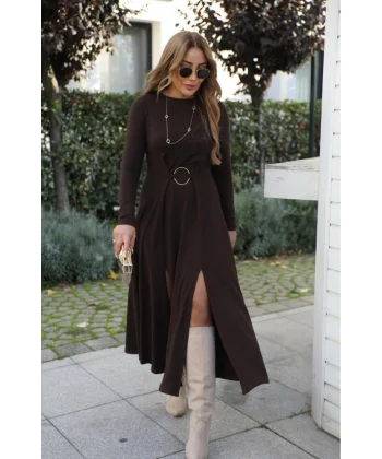 Kadın Uzun Kollu Bisiklet Yaka önden Halka Detaylı Yırtmaçlı Uzun Viskon Iki Iplik Elbise