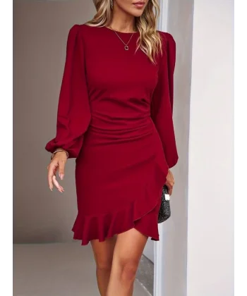 Kadın Uzun Kollu Bisiklet Yaka önden Volanlı Ithal Krep Elbise