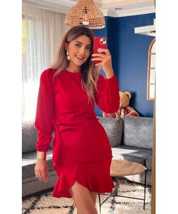 Kadın Uzun Kollu Bisiklet Yaka önden Volanlı Ithal Krep Elbise