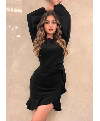 Kadın Uzun Kollu Bisiklet Yaka önden Volanlı Ithal Krep Elbise