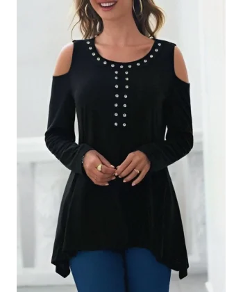 Kadın Uzun Kollu Bisiklet Yaka önü Taşlı Omuzu Açık Etek Ucu Asimetrik Kesim Viskon Bluz