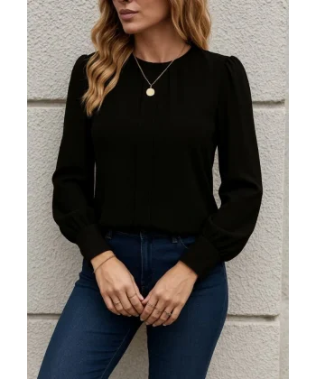 Kadın Uzun Kollu Bisiklet Yaka Pileli Ithal Krep Bluz
