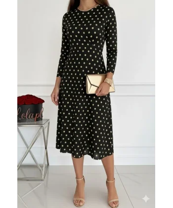 Kadın Uzun Kollu Bisiklet Yaka Puantiyeli örme Krep Midi Elbise