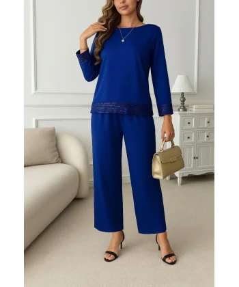 Kadın Uzun Kollu Bisiklet Yaka Pulpayetli Viskon Iki Iplik Bluz Ve Pantolon Ikili Takım