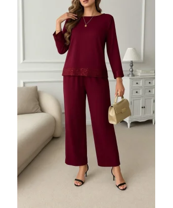 Kadın Uzun Kollu Bisiklet Yaka Pulpayetli Viskon Iki Iplik Bluz Ve Pantolon Ikili Takım