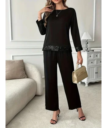 Kadın Uzun Kollu Bisiklet Yaka Pulpayetli Viskon Iki Iplik Bluz Ve Pantolon Ikili Takım