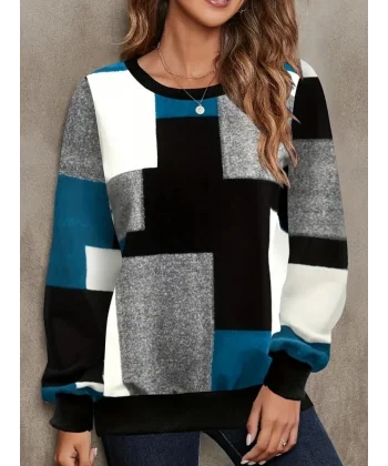 Kadın Uzun Kollu Bisiklet Yaka Renkli Blok Baskı Dalgıç Bluz