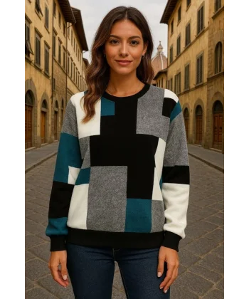 Kadın Uzun Kollu Bisiklet Yaka Renkli Blok Baskı Dalgıç Bluz