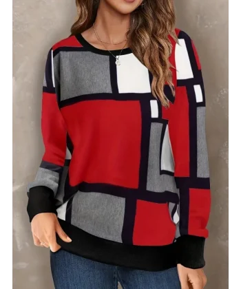 Kadın Uzun Kollu Bisiklet Yaka Renkli Blok Baskı Dalgıç Bluz