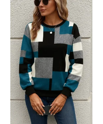 Kadın Uzun Kollu Bisiklet Yaka Renkli Blok Baskı Dalgıç Bluz