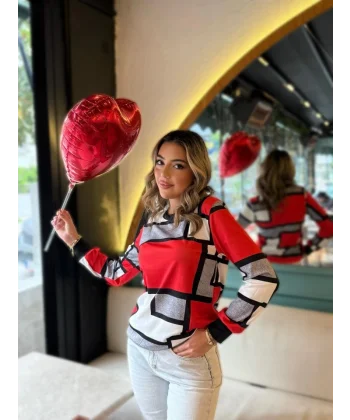 Kadın Uzun Kollu Bisiklet Yaka Renkli Blok Baskı Dalgıç Bluz