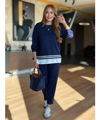 Kadın Uzun Kollu Bisiklet Yaka Ribana Detay Sweat Ve Pantolon Ikili Takım